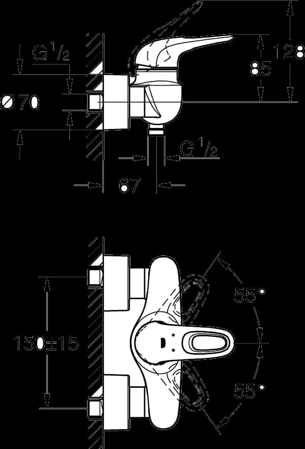 GROHE Eurostyle Baterie duş monocomandă 1/2" - desen tehnic cu cote