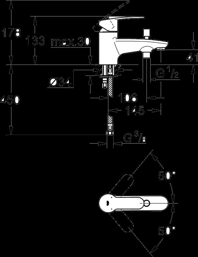 GROHE Eurostyle Cosmopolitan Baterie cadă monocomandă 1/2" - desen tehnic cu cote