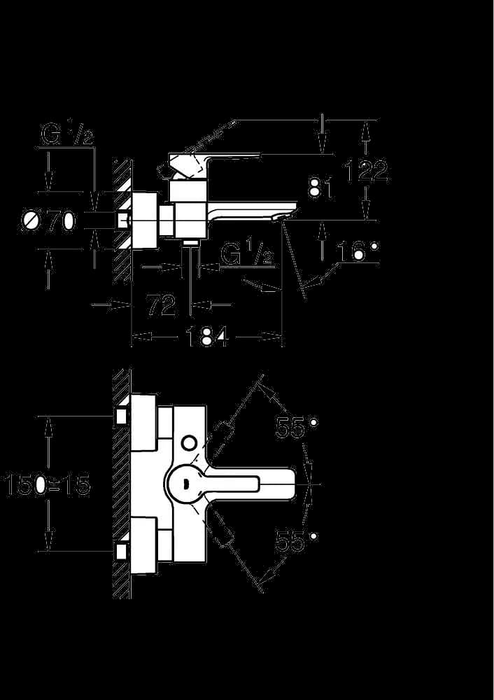 GROHE Lineare Baterie cadă monocomandă 1/2" - desen tehnic cu cote