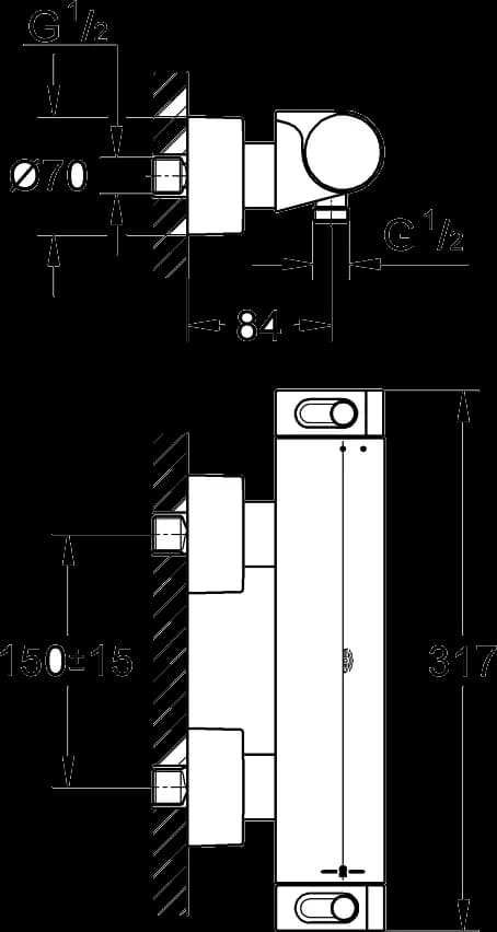 GROHE Grohtherm 2000 Baterie duş cu termostat 1/2" - desen tehnic cu cote