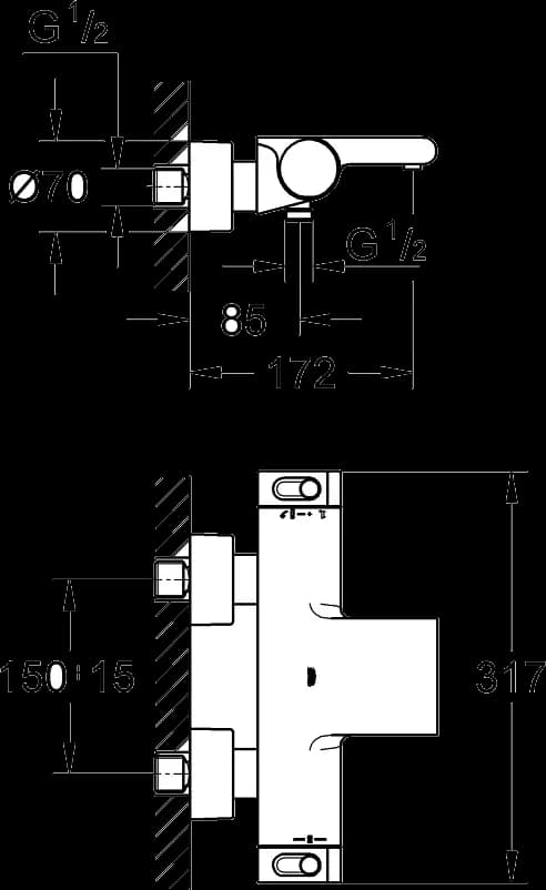GROHE Grohtherm 2000 Baterie cadă cu termostat 1/2" - desen tehnic cu cote