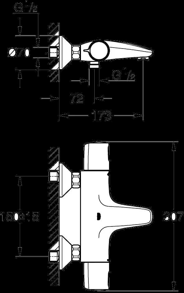 GROHE Precision Trend Baterie cadă cu termostat 1/2" - desen tehnic cu cote