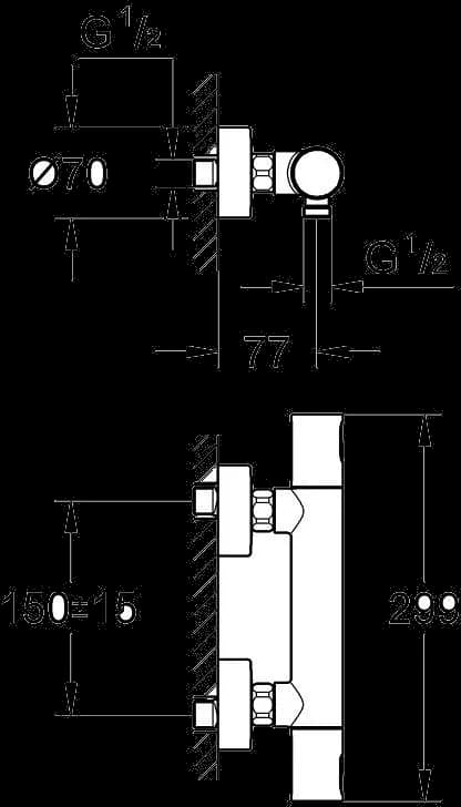 GROHE Precision Joy Baterie duş cu termostat 1/2" - desen tehnic cu cote