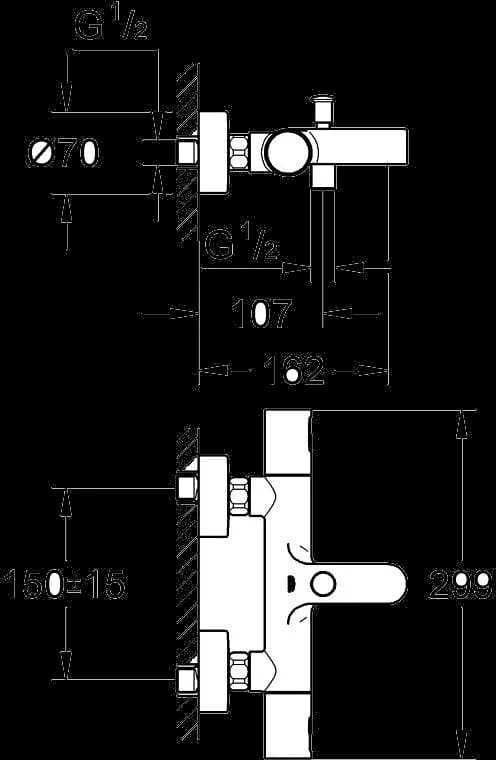 GROHE Precision Joy Baterie cadă cu termostat 1/2" - desen tehnic cu cote