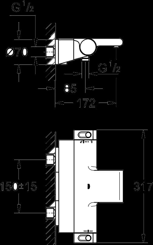 GROHE Grohtherm 2000 Baterie cadă cu termostat 1/2" - desen tehnic cu cote
