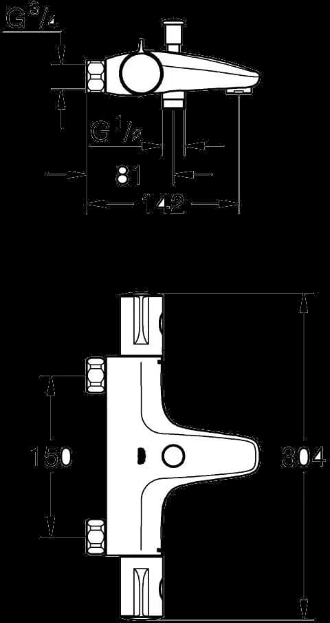 GROHE Grohtherm 800 Baterie cadă cu termostat 1/2" - desen tehnic cu cote