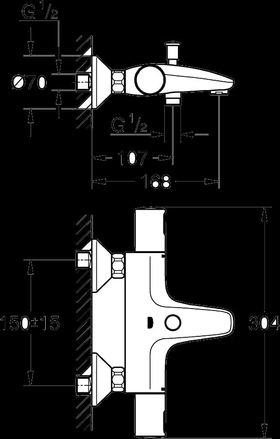 GROHE Precision Start Baterie cadă cu termostat 1/2" - desen tehnic cu cote