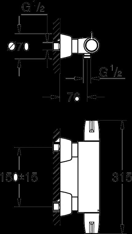 GROHE Grohtherm Special Baterie duş cu termostat 1/2" - desen tehnic cu cote