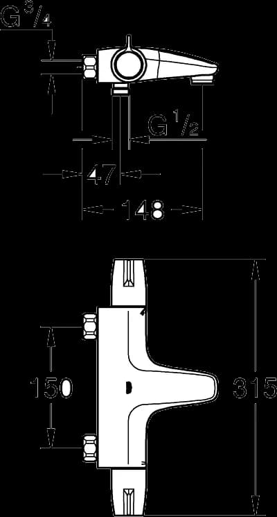 GROHE Grohtherm Special Baterie cadă cu termostat 1/2" - desen tehnic cu cote