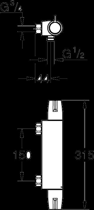 GROHE Grohtherm Special Baterie duş cu termostat 1/2" - desen tehnic cu cote