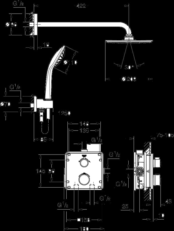GROHE Grohtherm Setul de duș Perfect Rainshower Cosmopolitan 210 - desen tehnic cu cote