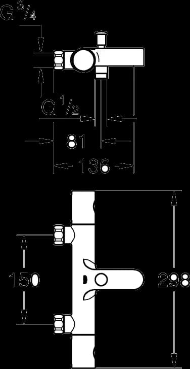 GROHE Grohtherm 800 Cosmopolitan Baterie cadă cu termostat 1/2" - desen tehnic cu cote