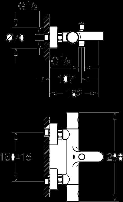 GROHE Precision Get Baterie cadă cu termostat 1/2" - desen tehnic cu cote