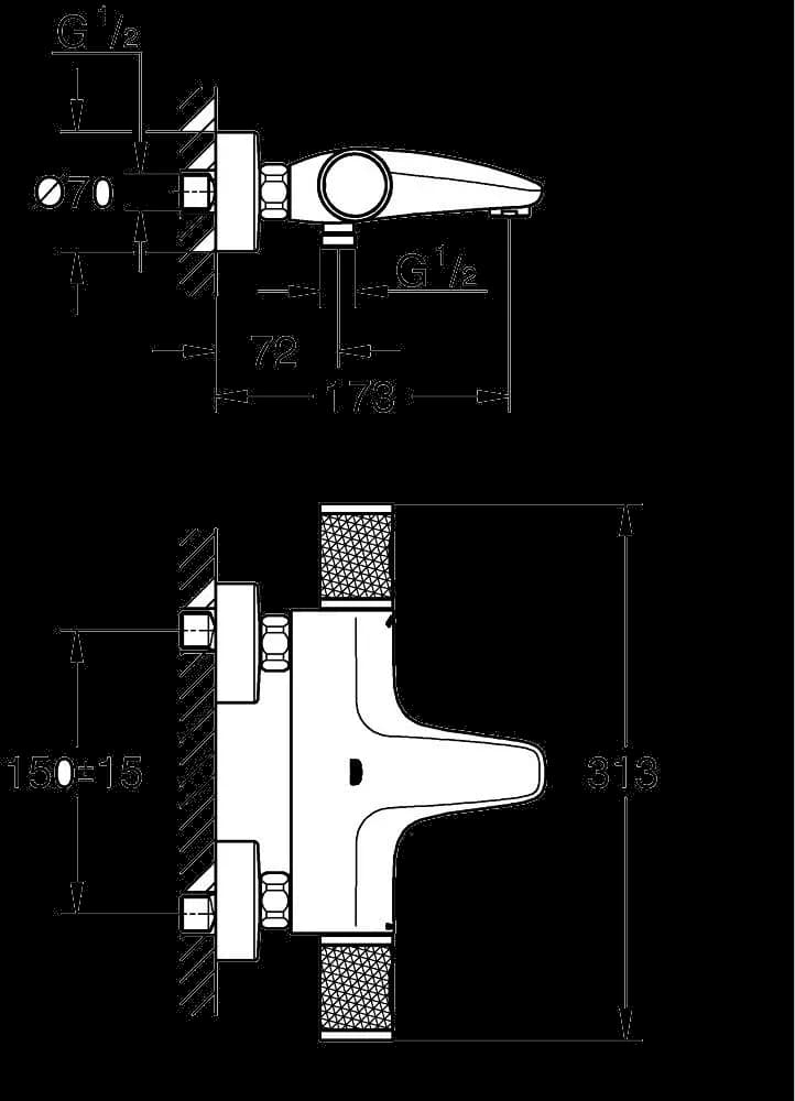 GROHE Precision Feel Baterie cadă cu termostat 1/2" - desen tehnic cu cote
