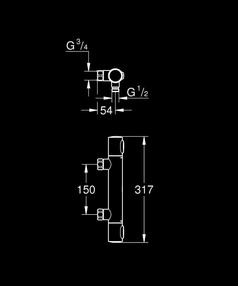 GROHE Precision Flow Baterie duş cu termostat 1/2" - desen tehnic cu cote