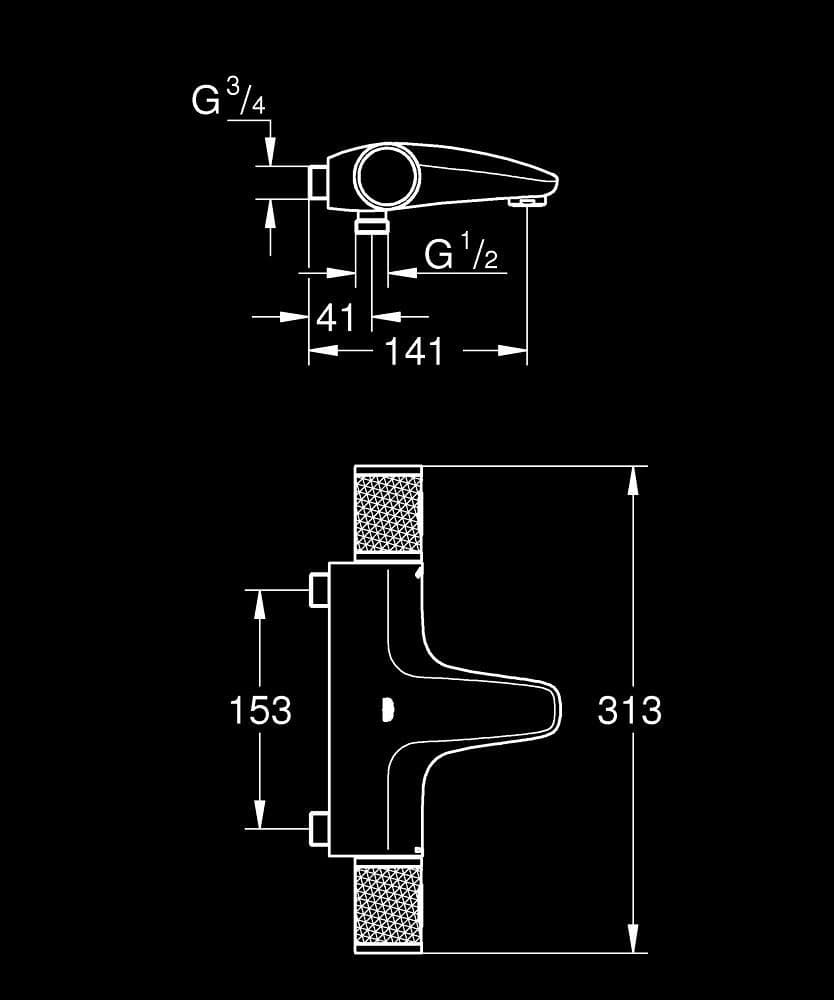 GROHE Grohtherm 1000 Performance Baterie cadă termostatata 3/4" - desen tehnic cu cote