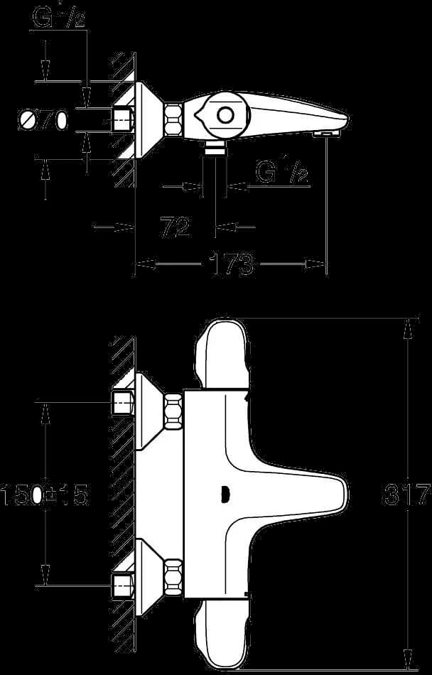 GROHE Grohtherm 1000 Baterie cadă cu termostat 1/2" - desen tehnic cu cote