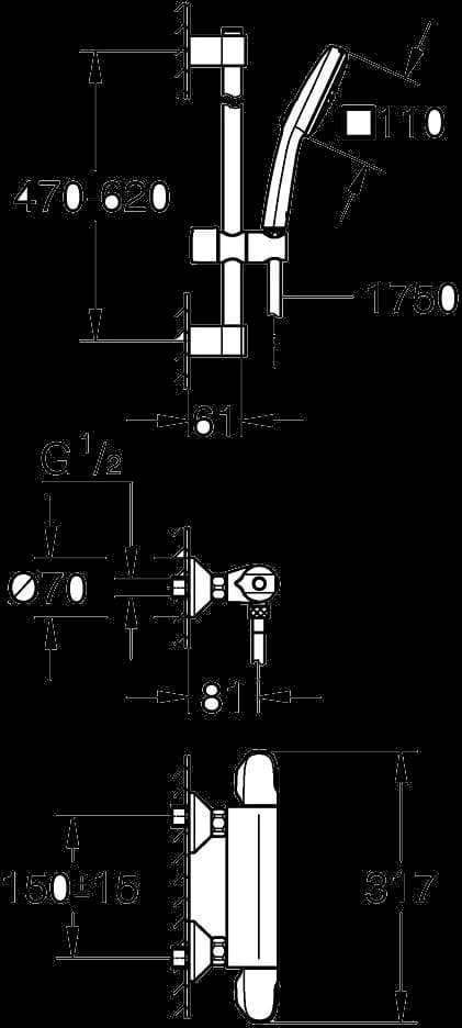 GROHE Grohtherm 1000 Baterie duş cu termostat 1/2" - desen tehnic cu cote