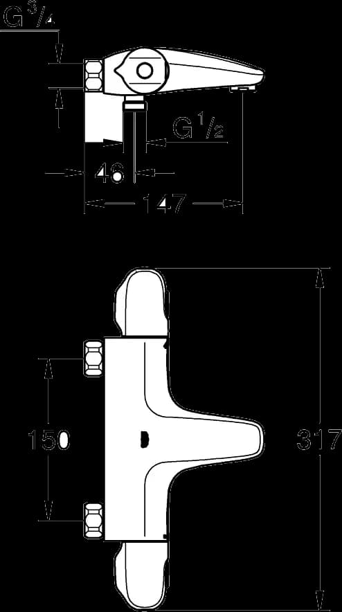 GROHE Grohtherm 1000 Baterie cadă cu termostat 1/2" - desen tehnic cu cote