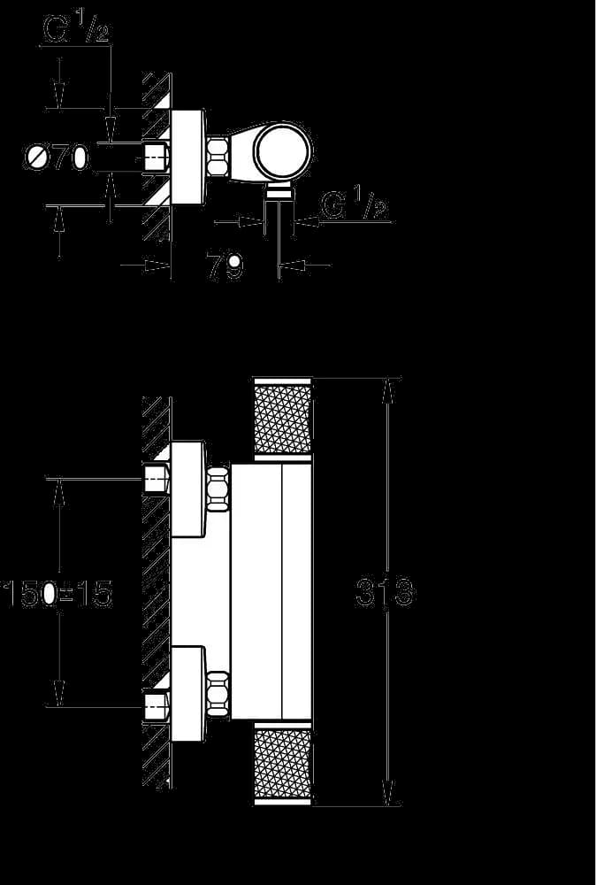 GROHE Grohtherm 1000 Performance Baterie duş cu termostat 1/2" - desen tehnic cu cote