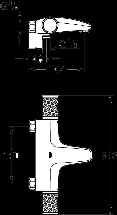 GROHE Grohtherm 1000 Performance Baterie cadă cu termostat 1/2" - desen tehnic cu cote