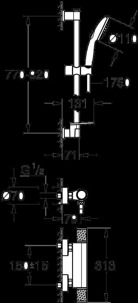 GROHE Precision Feel Baterie duş cu termostat 1/2" - desen tehnic cu cote