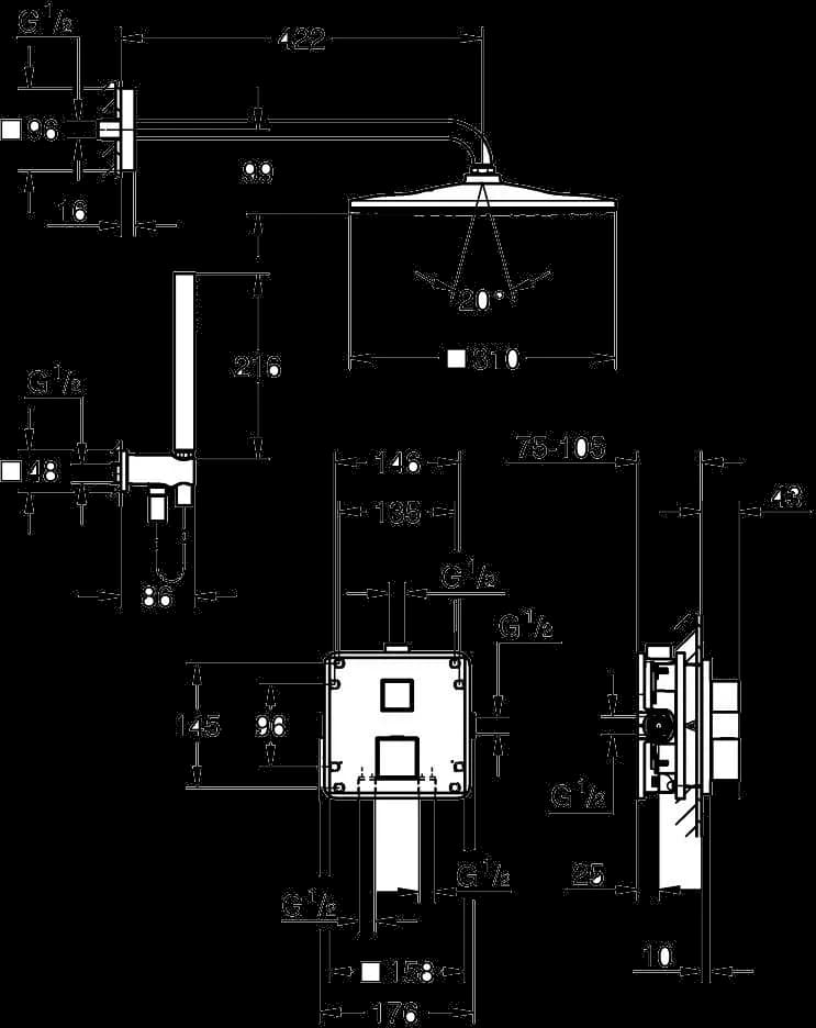 GROHE Grohtherm Cube Sistem de duș încastrat cu Rainshower Mono 310 Cube - desen tehnic cu cote