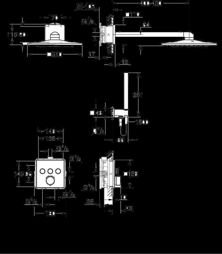 GROHE Precision SmartControl Sistem de duș încastrat cu Vitalio SmartActive 310 Cube - desen tehnic cu cote