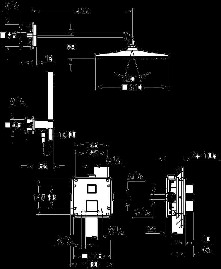 GROHE Precision Cube Sistem de duș încastrat cu Vitalio Rain Mono 310 Cube - desen tehnic cu cote