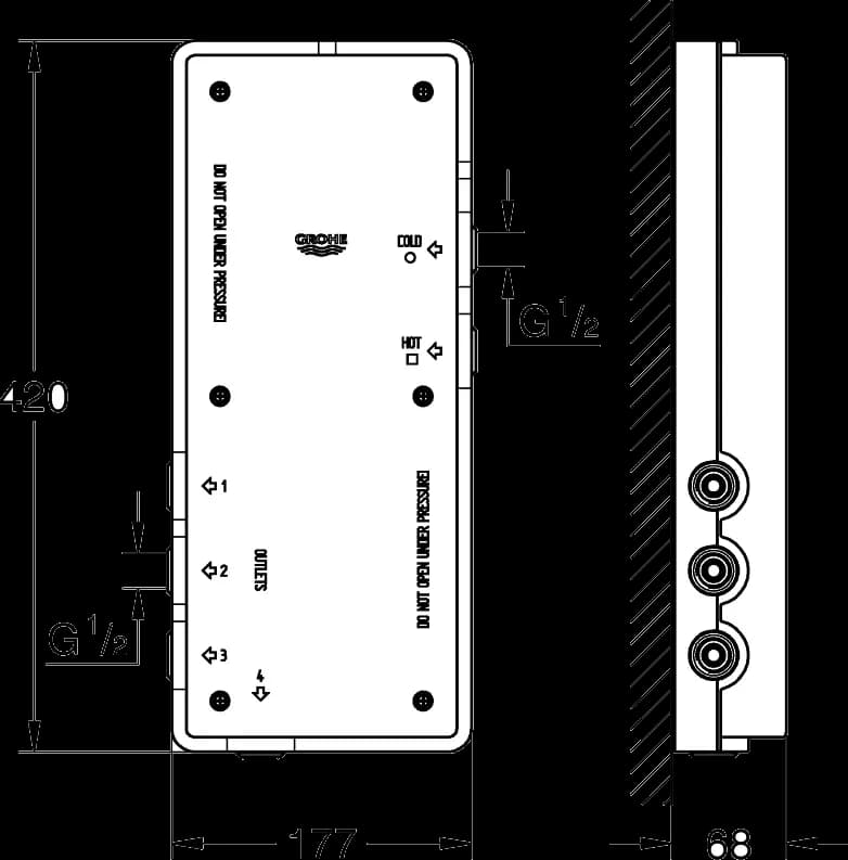 GROHE Ondus Unitate digitală termostatată - desen tehnic cu cote