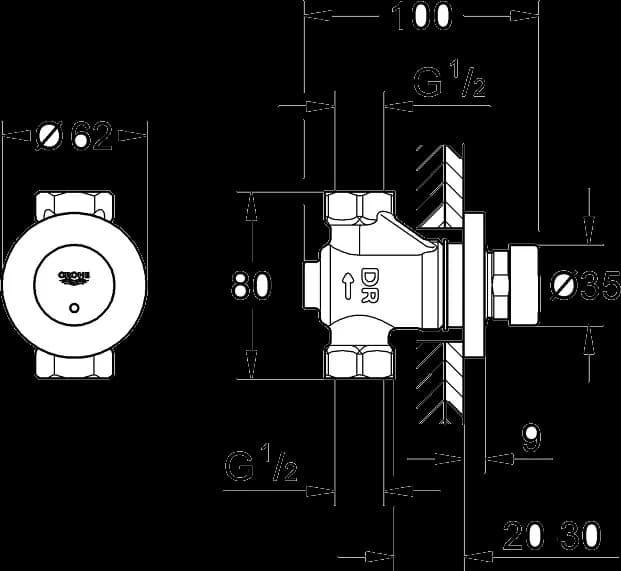 GROHE Eurosmart Cosmopolitan T Ventil duş cu închidere automată 1/2" - desen tehnic cu cote