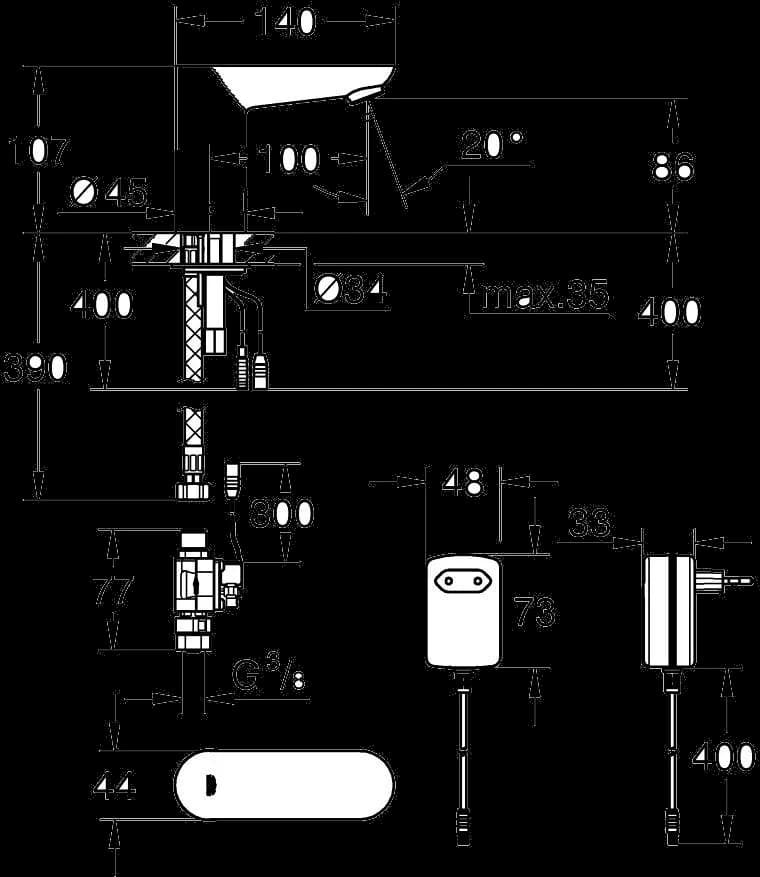 GROHE Eurosmart Cosmopolitan E Robinet electronic cu infraroşu 1/2“ - desen tehnic cu cote