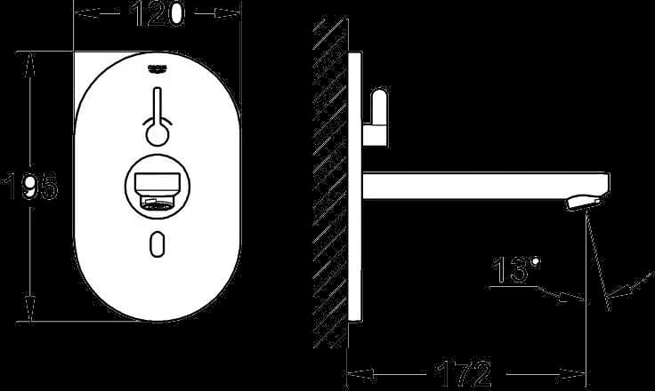 GROHE Eurosmart Cosmopolitan E Baterie electronică de lavoar cu infra-roşu cu dispozitiv de mixare și limitator de temperatură ajustabil - desen tehnic cu cote