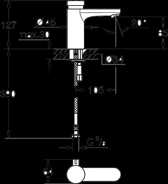 GROHE Eurosmart Cosmopolitan T Ventil lavoar cu închidere automată cu dispozitiv de mixare și limitator de temperatură ajustabil - desen tehnic cu cote