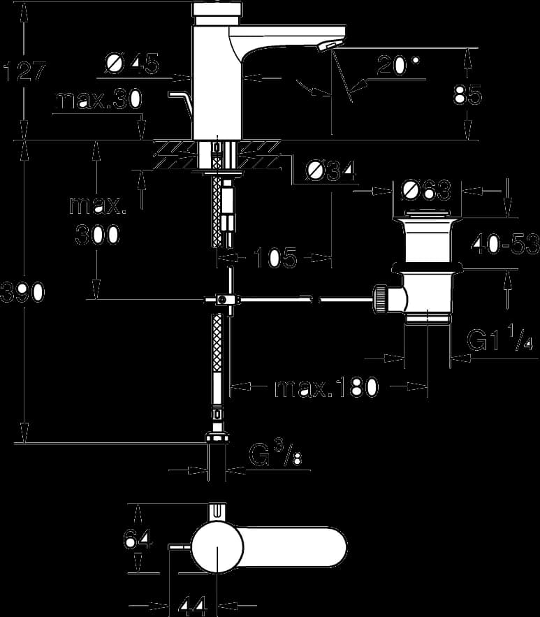 GROHE Eurosmart Cosmopolitan T Ventil lavoar cu închidere automată cu dispozitiv de mixare și limitator de temperatură ajustabil - desen tehnic cu cote