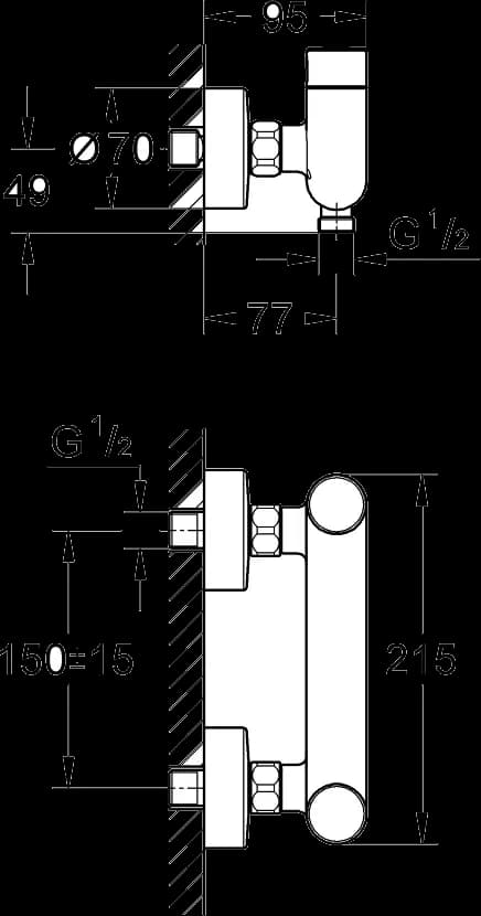 GROHE Eurosmart Cosmopolitan T Baterie duș 1/2" cu închidere automată cu dispozitiv de mixare și limitator de temperatură ajustabil - desen tehnic cu cote