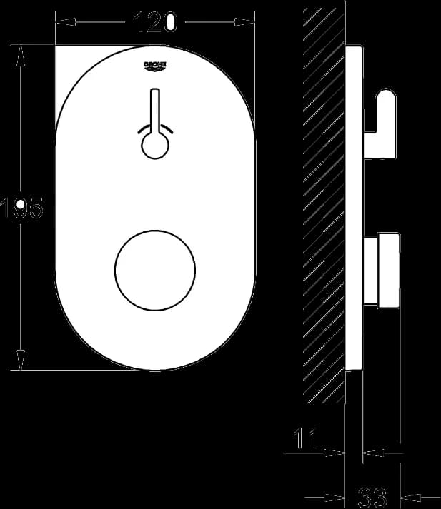 GROHE Eurosmart Cosmopolitan T Baterie duș 1/2" cu închidere automată cu dispozitiv de mixare și limitator de temperatură ajustabil - desen tehnic cu cote