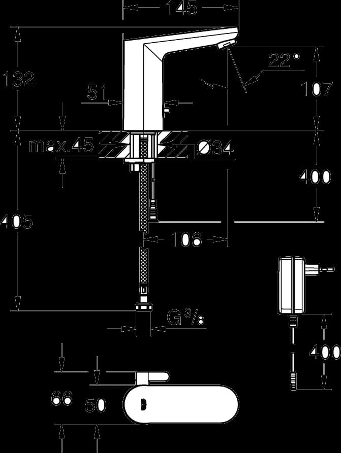 GROHE Eurosmart Cosmopolitan E Baterie electronică cu infraroșu 1/2" cu dispozitiv de mixare și limitator de temperatură ajustabil - desen tehnic cu cote