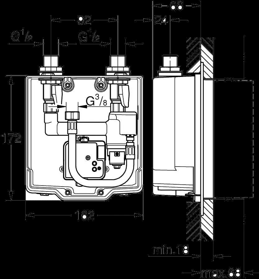 GROHE Eurosmart Cosmopolitan E Sistem îngropat în perete - desen tehnic cu cote