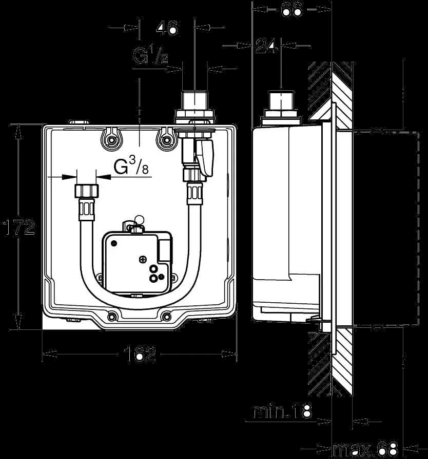 GROHE Eurosmart Cosmopolitan E Sistem îngropat în perete - desen tehnic cu cote