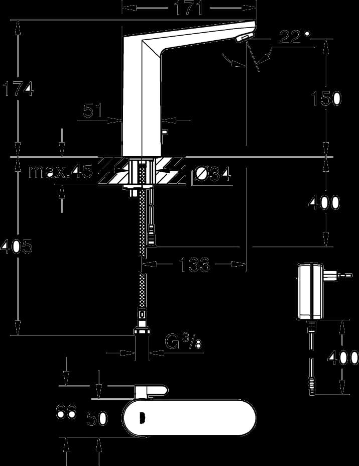 GROHE Eurosmart Cosmopolitan E Baterie electronică cu infraroșu 1/2" dimensiunea L cu dispozitiv de mixare și limitator de temperatură ajustabil - desen tehnic cu cote