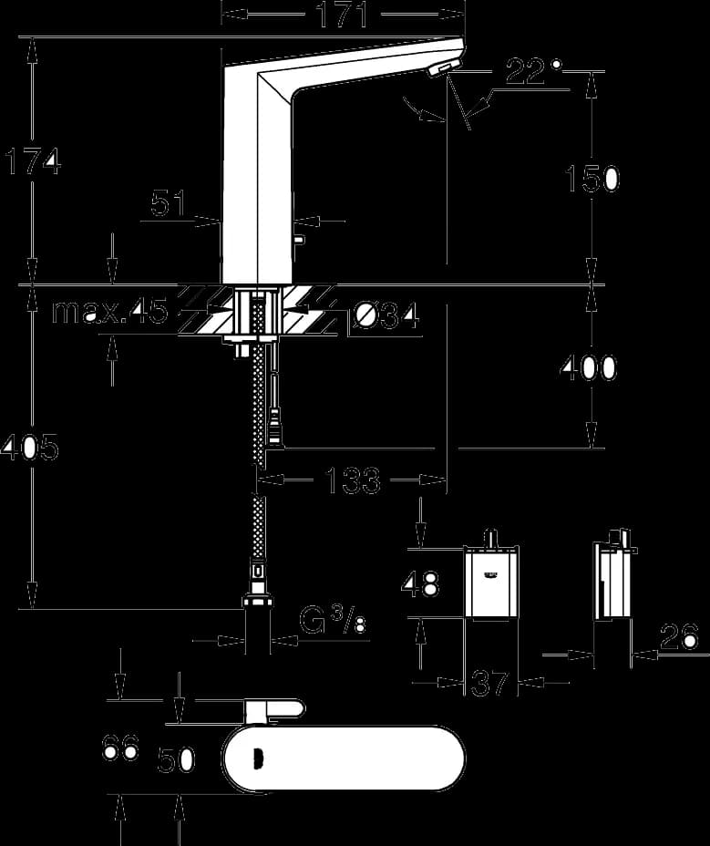 GROHE Eurosmart Cosmopolitan E Baterie electronică cu infraroșu 1/2" dimensiunea L cu dispozitiv de mixare și limitator de temperatură ajustabil - desen tehnic cu cote
