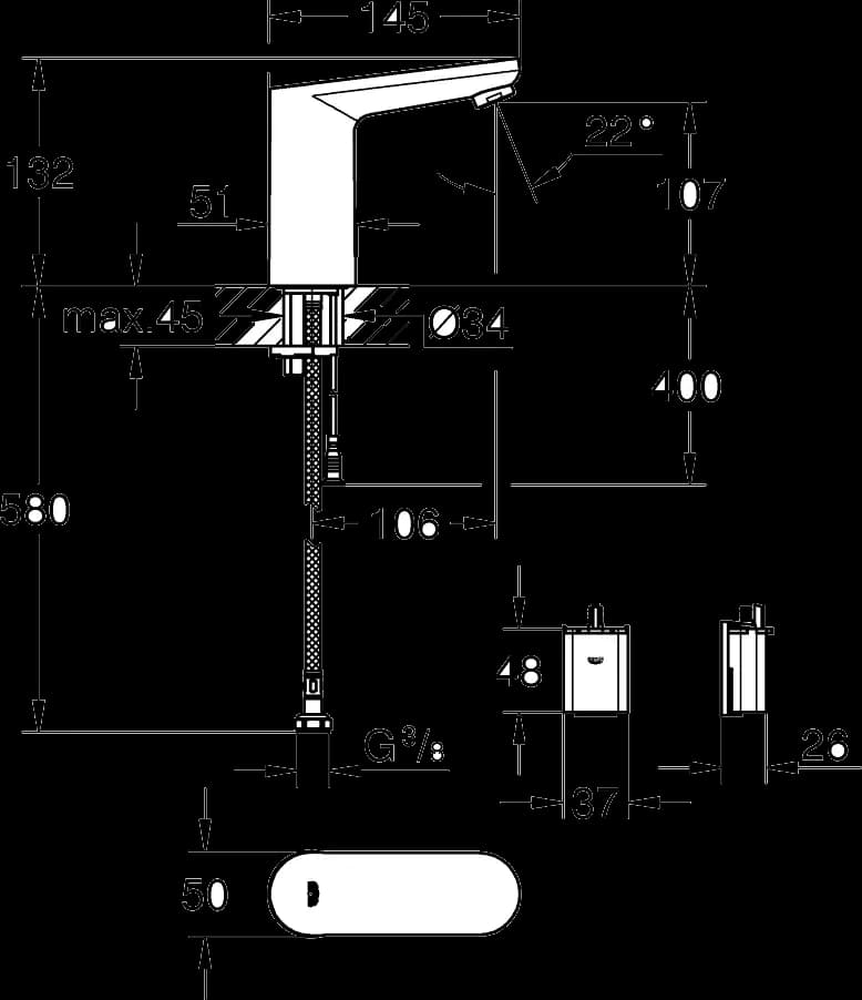 GROHE Eurosmart Cosmopolitan E Robinet electronic cu infraroşu 1/2“ - desen tehnic cu cote