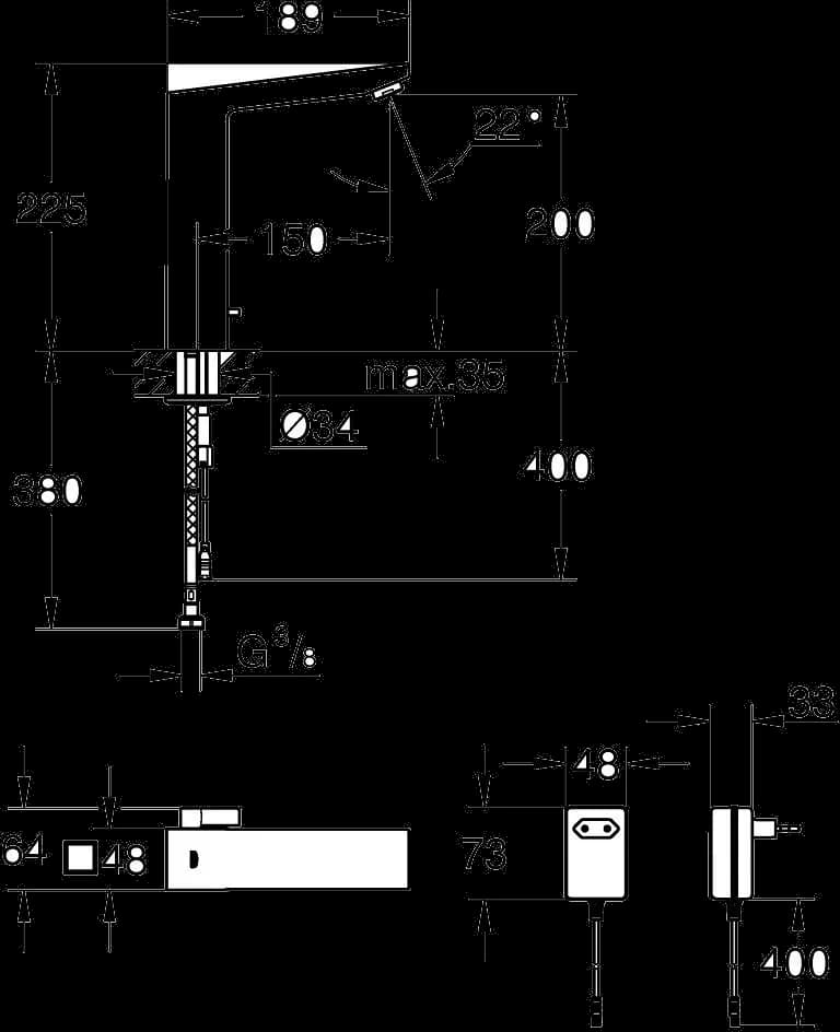 GROHE Eurocube E Baterie electronică cu infraroșu 1/2" cu dispozitiv de mixare și limitator de temperatură ajustabil - desen tehnic cu cote