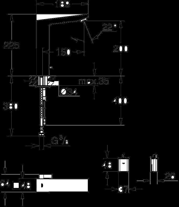GROHE Eurocube E Baterie electronică cu infraroșu 1/2" cu dispozitiv de mixare și limitator de temperatură ajustabil - desen tehnic cu cote