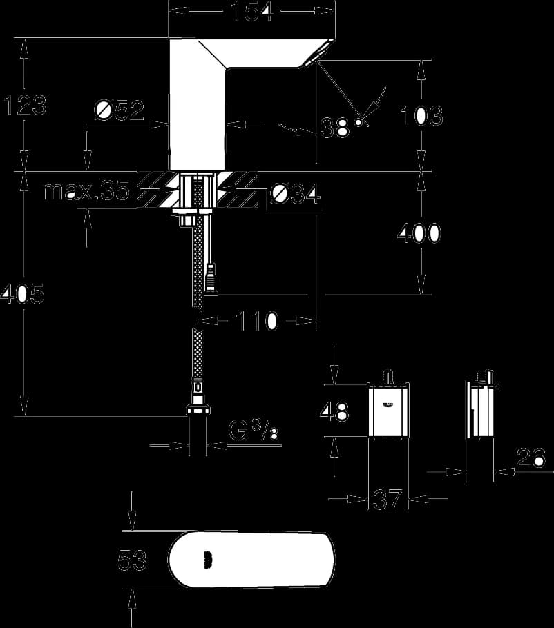 GROHE Bau Cosmopolitan E Robinet electronic cu infraroşu 1/2“ - desen tehnic cu cote