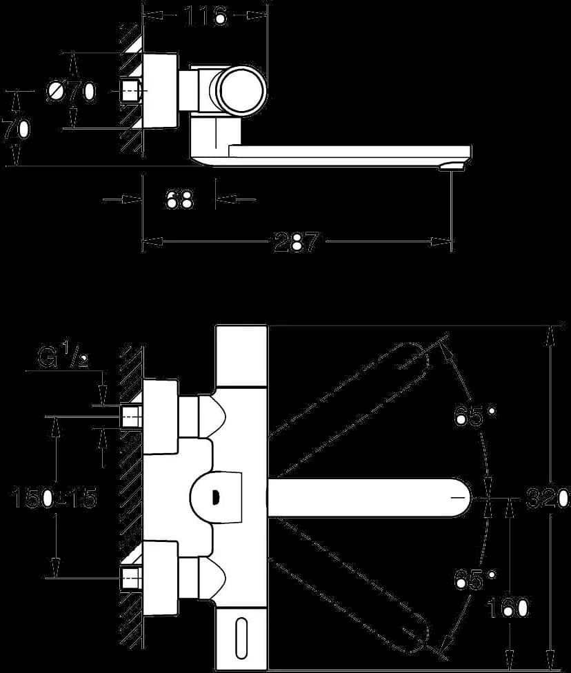 GROHE Eurosmart Cosmopolitan E Special Baterie electronică cu infraroșu cu control termostatat al temperaturii - desen tehnic cu cote