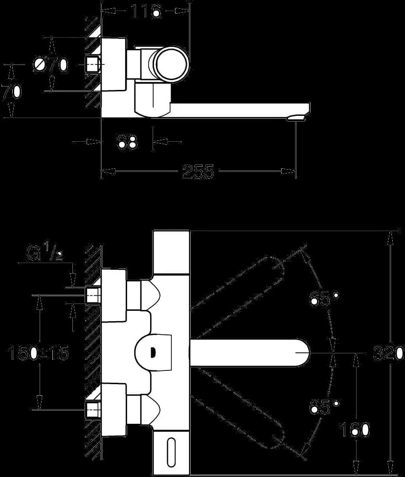 GROHE Eurosmart Cosmopolitan E Special Baterie electronică cu infraroșu cu control termostatat al temperaturii - desen tehnic cu cote