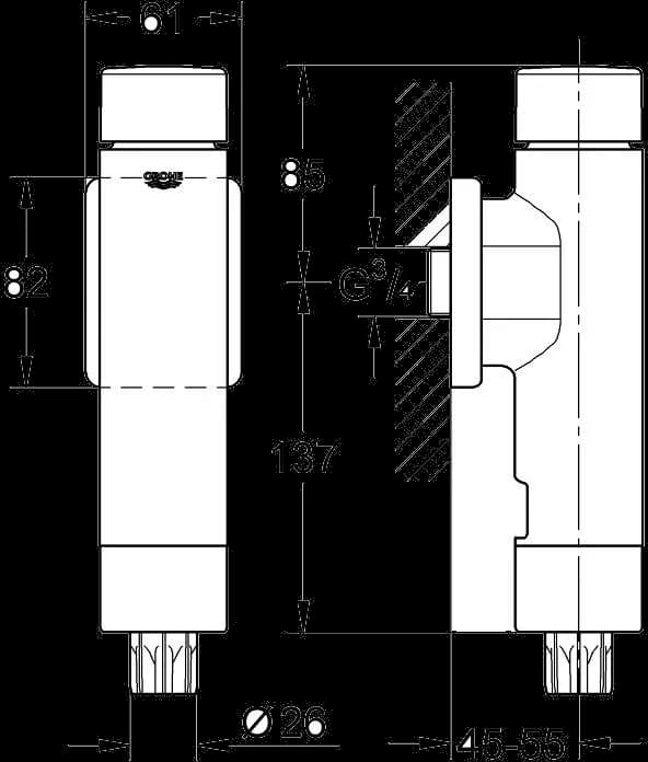 GROHE Rondo A.S. Ventil de curgere pentru WC - desen tehnic cu cote