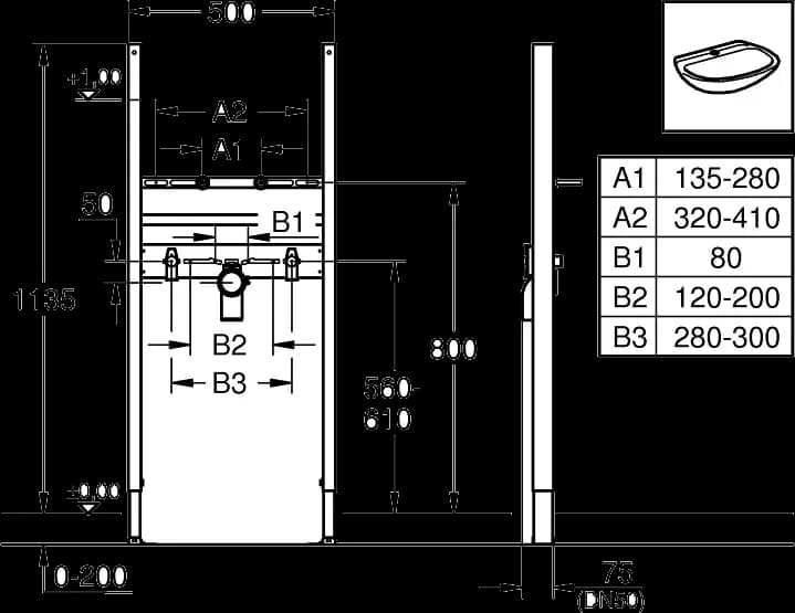 GROHE Rapid SL project Cadru pentru lavoar, baterie cu o gaură - desen tehnic cu cote